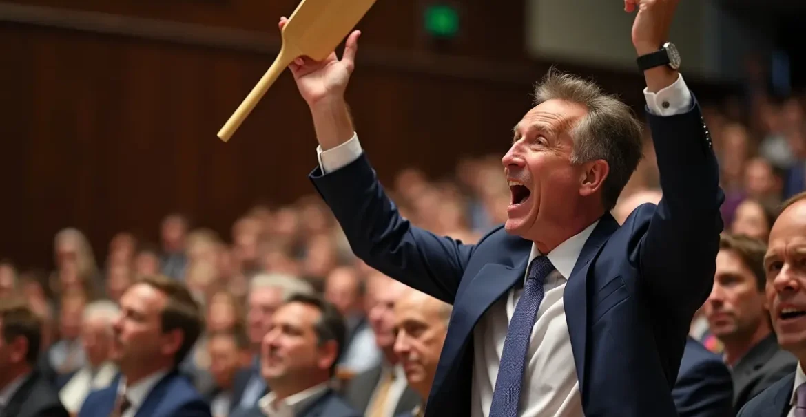 excited bidder raising paddle while competing at auctions