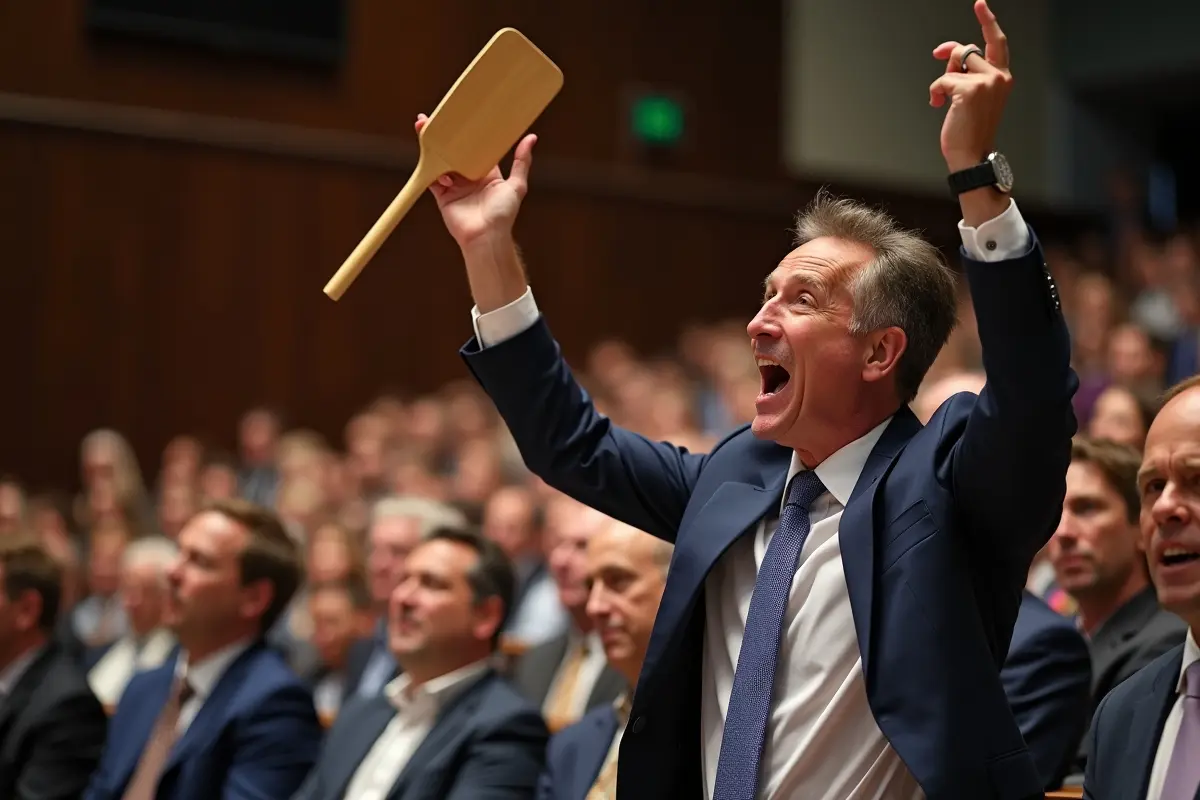 excited bidder raising paddle while competing at auctions