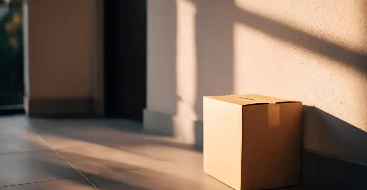 cardboard package box placed on doorstep with sunlight shadows