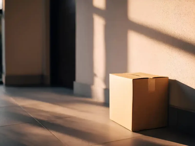 cardboard package box placed on doorstep with sunlight shadows