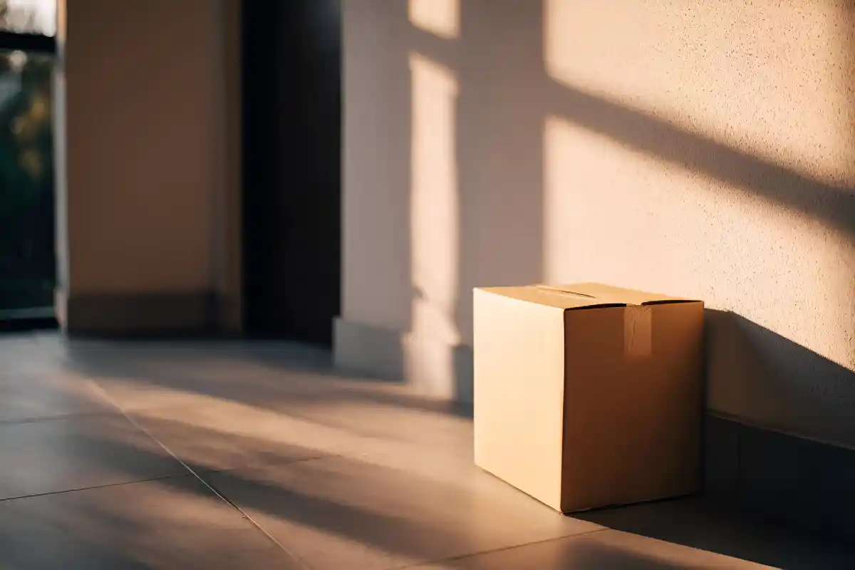cardboard package box placed on doorstep with sunlight shadows