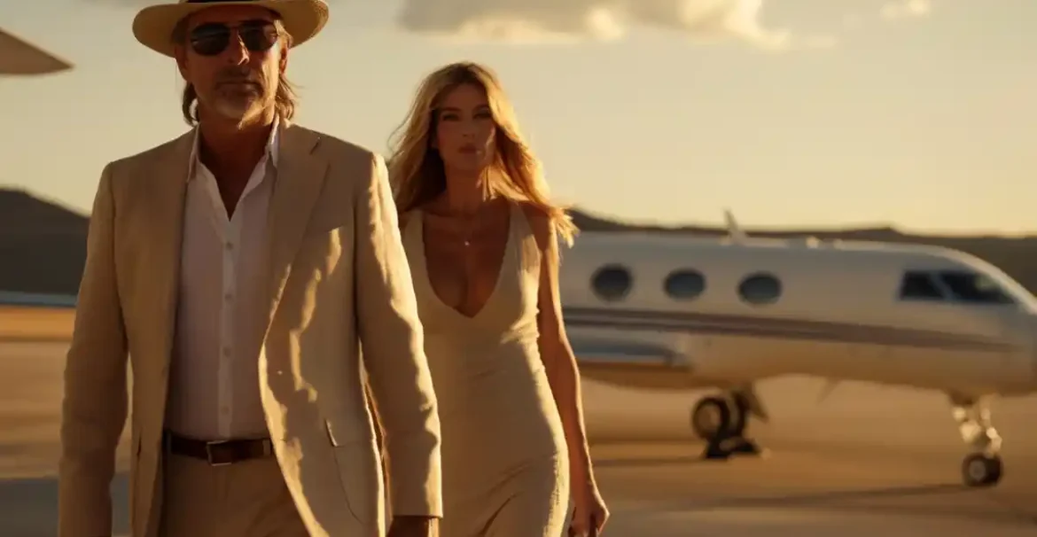 affluent couple walking near private jet at sunset runway