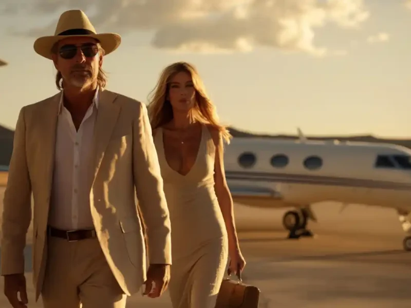 affluent couple walking near private jet at sunset runway