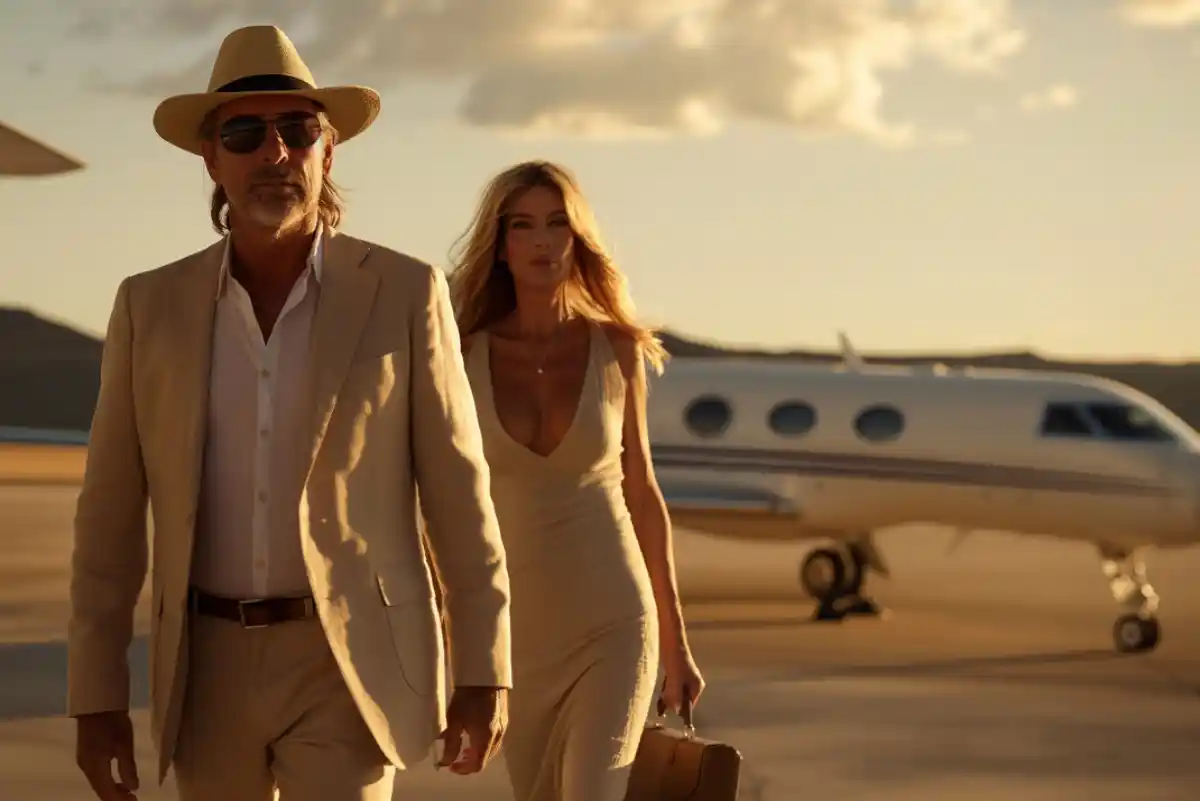affluent couple walking near private jet at sunset runway
